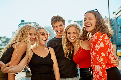 Buy stock photo Happy, portrait and group of friends on vacation, holiday or getaway together in city. Excited, outdoor and young people with photography picture on sightseeing weekend trip in town for travel.