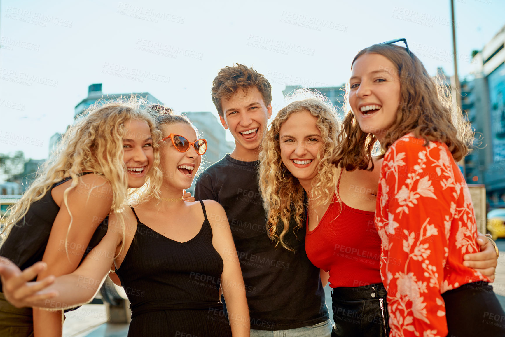 Buy stock photo Happy, portrait and group of friends on vacation, holiday or getaway together in city. Excited, outdoor and young people with photography picture on sightseeing weekend trip in town for travel.