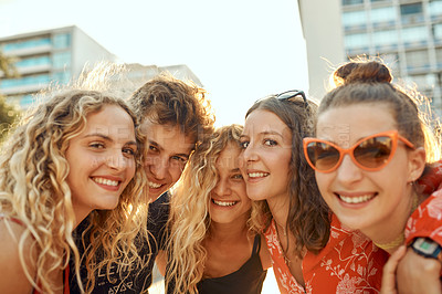 Buy stock photo Selfie, portrait and group of friends on travel, holiday or getaway together in city. Happy, outdoor and young people with photography picture on sightseeing weekend trip in town for vacation.