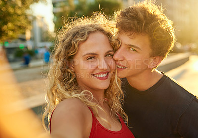 Buy stock photo Happy couple, portrait and selfie with memory in city for picture, photography or relationship. Young man, woman or lovers with smile for outdoor bonding, moment or capture together in an urban town