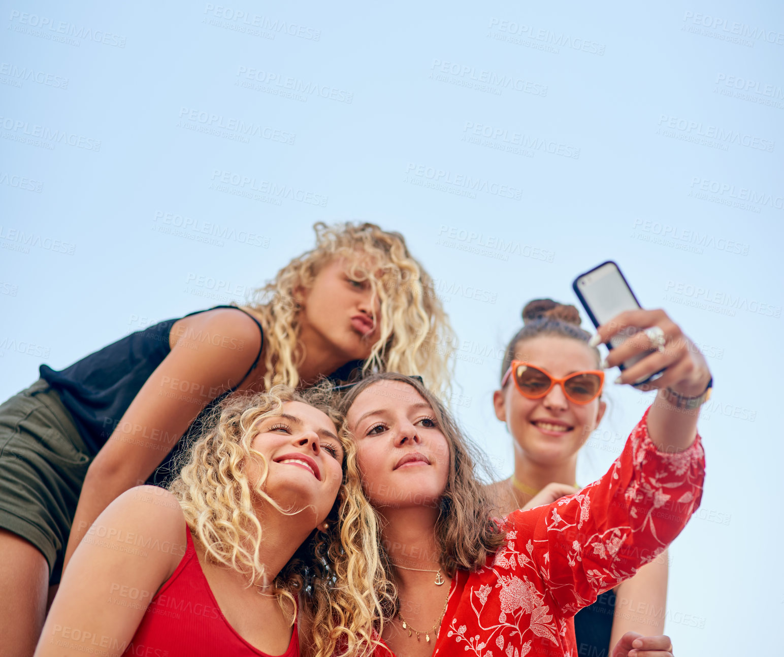 Buy stock photo Selfie, happy and group of friends on vacation, holiday or getaway together in city. Bonding, outdoor and young people with photography picture for sightseeing on girl weekend trip in town for travel