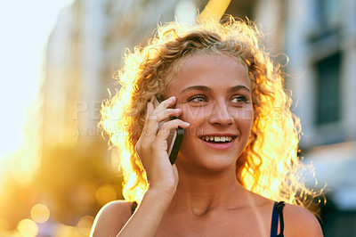 Buy stock photo Happy girl, sunshine or conversation with phone call in city for communication, travel or outdoor chat. Young, female person or tourist with smile on mobile smartphone for discussion in an urban town