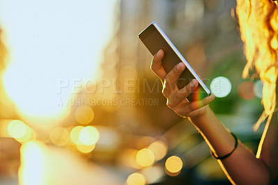 Buy stock photo Girl, hands and city with phone for social media, communication or network on bokeh background. Closeup, female person or user on mobile smartphone for online browsing, chatting or texting in town