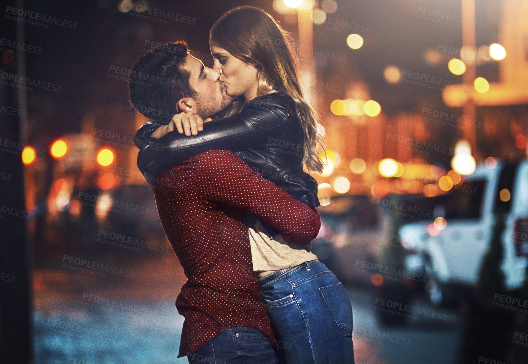 Buy stock photo Man, woman and kiss at night in street for support, care and marriage with commitment. Happy, couple and hug for date in New York with partner in city for holiday, honeymoon and urban vacation 