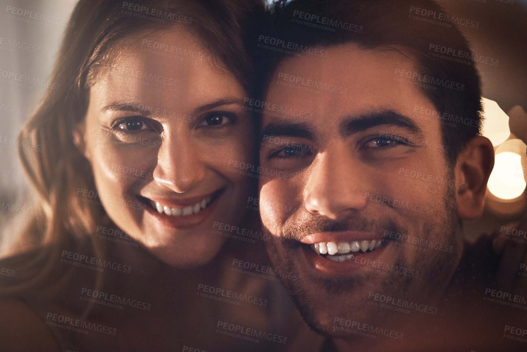 Buy stock photo Love, selfie and couple in city at night with bokeh for romantic date together for bonding. Happy, smile and portrait of man and woman with photography picture in town at dark with lights in New York