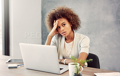 Buy stock photo Entrepreneur, woman and frustrated with laptop in home for mistake, internet glitch or overworked on project deadline. Freelancer, african writer or person with anxiety for blog post review or stress