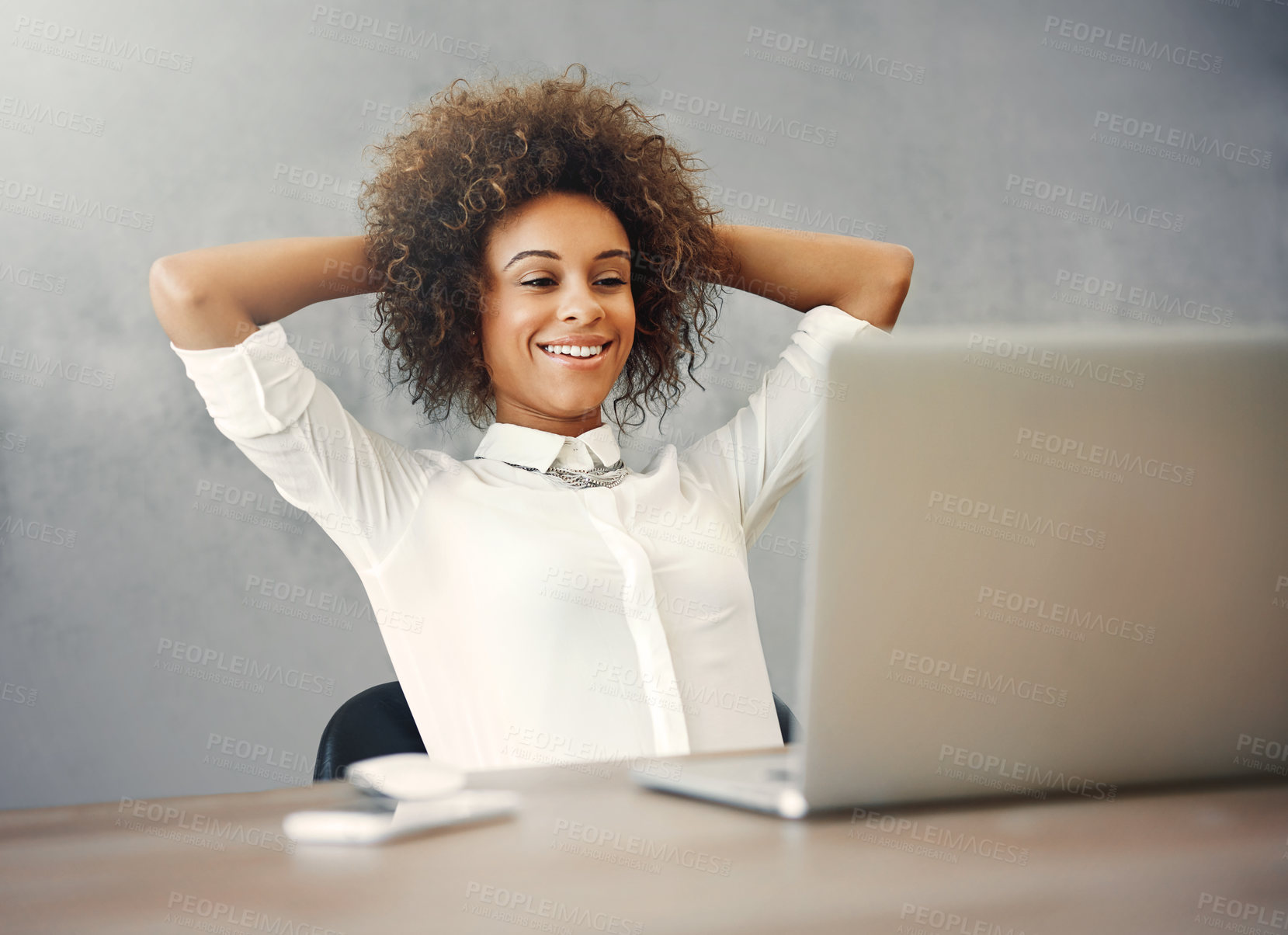 Buy stock photo Office, woman and relax with laptop by desk for creative career, research and pride in hard work. Journalist, smile and stretching with technology on break for report, success and done with editing