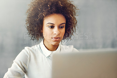 Buy stock photo Woman, laptop and browsing on business or office, creative agency and administrator or online appointment schedule. Website, searching and internet in workplace, reading email and secretary blog