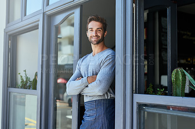 Buy stock photo Door, smile and portrait of barista by coffee shop with positive, happy and confident attitude. Crossed arms, pride and man waiter standing by cafe or restaurant entrance for welcome in hospitality.
