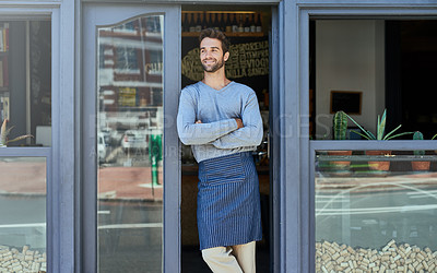 Buy stock photo Door, crossed arms and barista with smile by coffee shop with positive, happy and confident attitude. Industry, pride and man waiter standing by cafe or restaurant entrance for welcome in hospitality