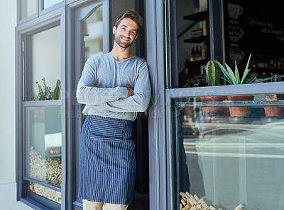 Buy stock photo Small business, waiter and portrait of man with arms crossed at coffee shop for welcome, service or working. Smile, entrepreneur and male person with apron at cafe entrance, front door or doorway