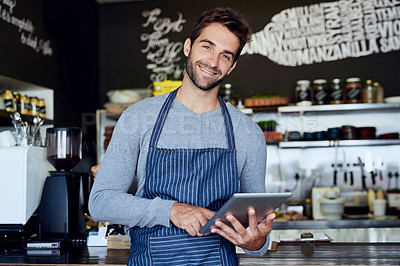 Buy stock photo Small business, cafe and portrait of man with tablet checking online review, web or reservation in coffee shop. Networking, smile and restaurant manager, waiter or owner with digital app for service