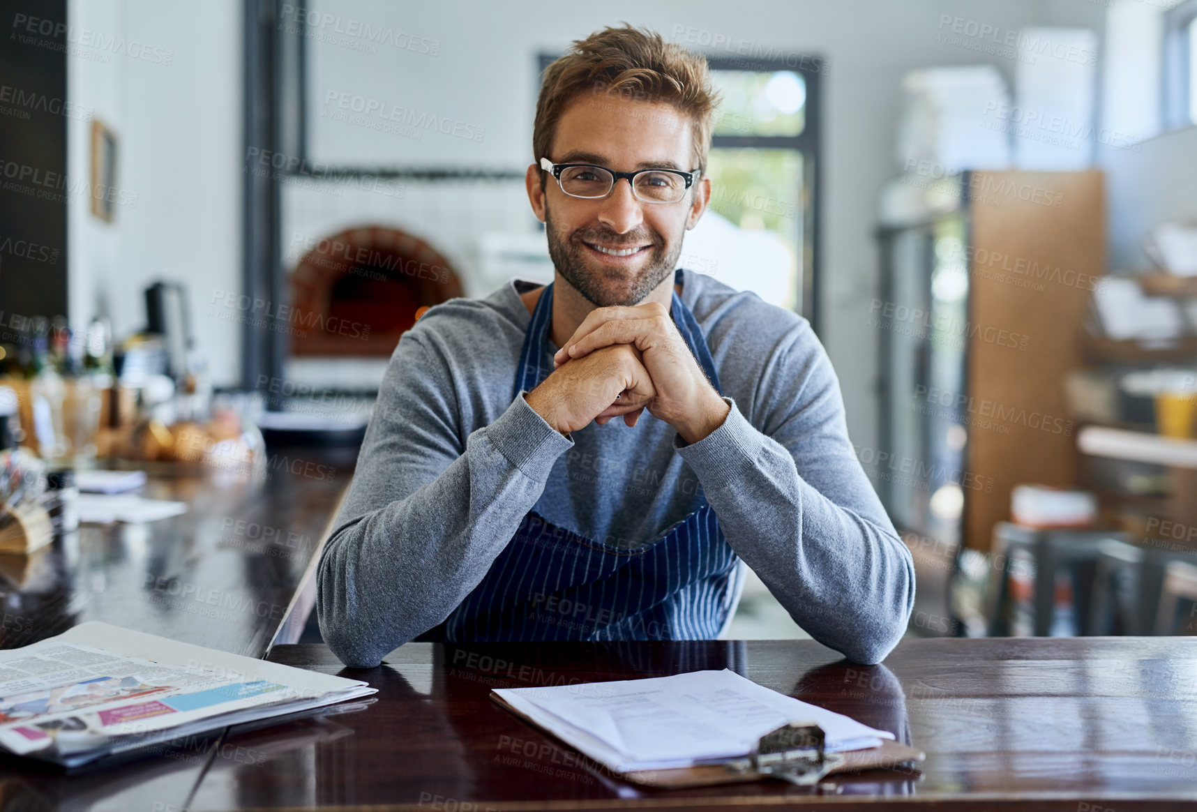 Buy stock photo Clipboard, smile and portrait of waiter in restaurant for inventory, checklist or review of store. Small business, pizzeria and employee with documents for supply chain, feedback or stock price list