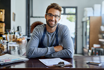 Buy stock photo Cafe, waiter and portrait of man with clipboard for checklist, inventory review and feedback. Small business, restaurant and employee with documents for supply chain, planning and price list of stock