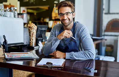Buy stock photo Happy man and coffee shop owner with paperwork or agenda for planning menu and budget in cafe. Male entrepreneur, documents with smile in portrait for research, ideas and analysis for restaurant
