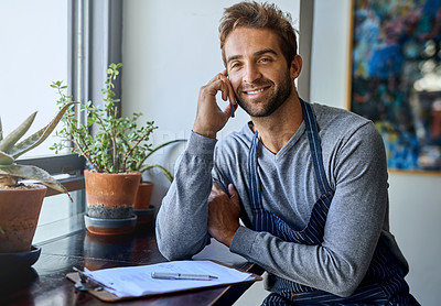 Buy stock photo Small business, restaurant and man with phone call, apron and relax in coffee shop for networking. Communication, working and cafe manager, waiter or owner with smartphone, conversation and service