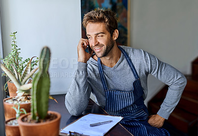 Buy stock photo Barista, man and contact with phone call for small business, order with supplier and management of coffee shop. Communication, admin and inventory check with clipboard for product list and networking