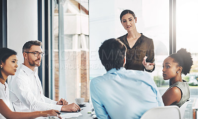Buy stock photo Female speaker, business and office for meeting with collaboration or ideas, communication with employees. Woman, teamwork or company with table for brainstorming or workshop, review of global sales