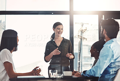 Buy stock photo Business people, meeting and discussion in office with strategy, training and project management. Company, diversity and team with communication at work for brainstorming, kpi review and feedback