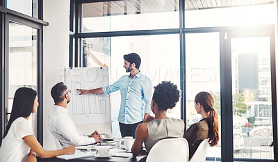 Buy stock photo Businesspeople, meeting and office with board for presentation in boardroom for business with strategy. Planning, teamwork and company for growth with conference for data or analytics and statistics