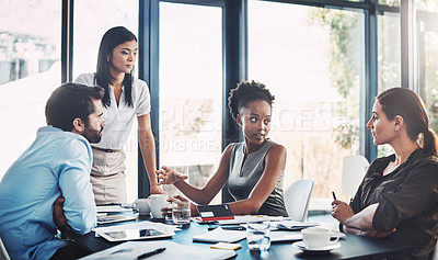 Buy stock photo Meeting, business people and discussion in conference room for collaboration, review and planning project. Professional, diversity and employees for speaking, ideas or teamwork at consulting agency