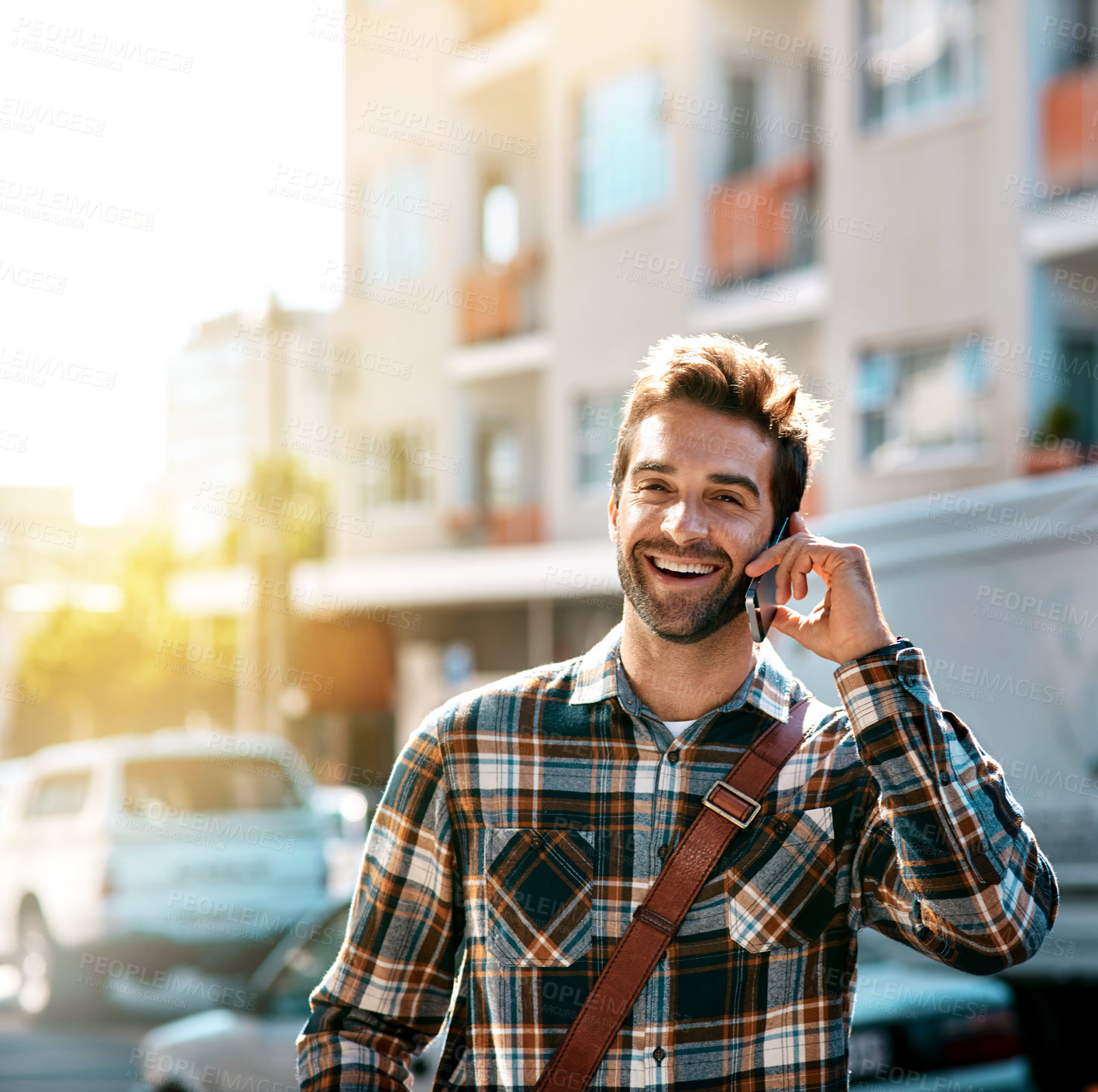 Buy stock photo Man, phone call and portrait for travel in city for work with communication, conversation and outdoor. Person, smartphone and talking for connection in New York, commute and journey to creative job.