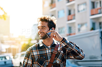 Buy stock photo Man, phone call and happy for travel in city for work with communication, conversation and outdoors. Person, smartphone and contact for connection in New York, commute and thinking for ideas for job.