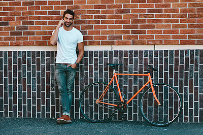Buy stock photo Thinking, bicycle and man in city, phone call for mobile communication and urban active lifestyle. Person, smartphone and bike for eco friendly transport, conversation and connection for travel plans