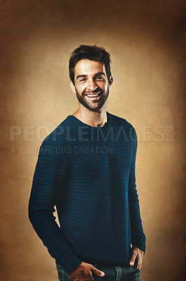 Buy stock photo Portrait, happy and man in studio, fashion and warm in winter, confidence and sweater for aesthetic. Proud, person and background of wall, model and cool with minimalism, stylish and loungewear