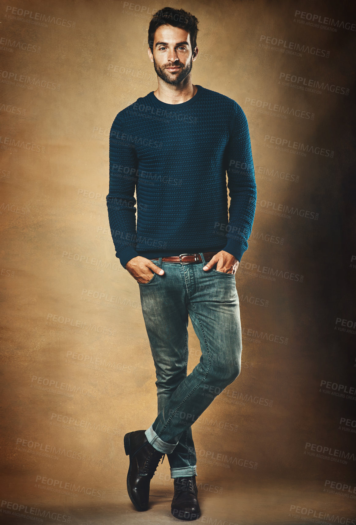 Buy stock photo Portrait, proud and man in studio, fashion and warm in winter, confidence and sweater for aesthetic. Proud, person and background of wall, model and cool with trend, stylish and jersey for clothes