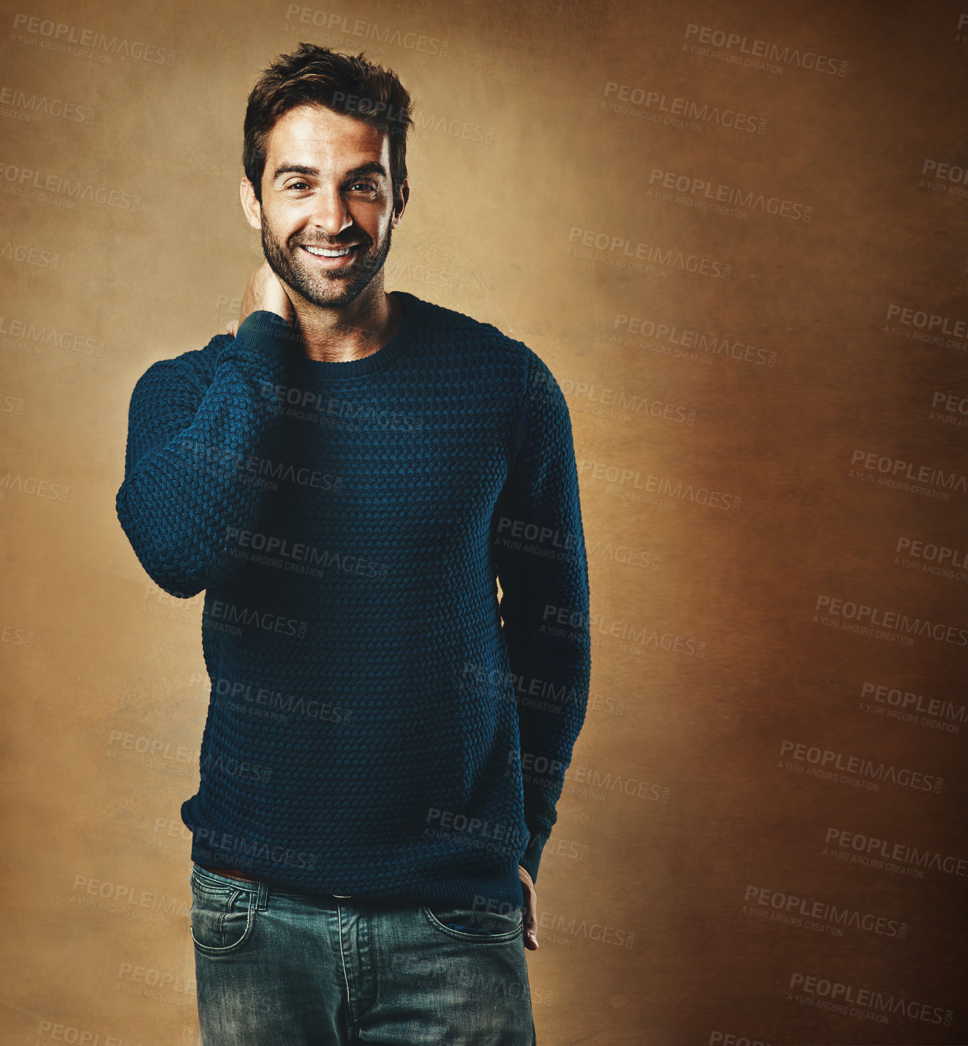 Buy stock photo Portrait, confidence and man in studio, fashion and warm in winter, smile and sweater for aesthetic. Proud, person and background of wall, model and cool with trend, stylish and jersey for clothes