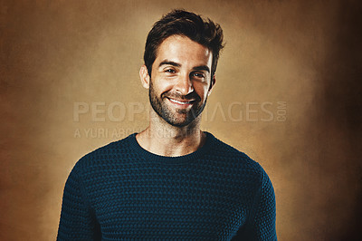 Buy stock photo Fashion, portrait and smile with young man in studio on wall background for casual or trendy style. Clothes, face and jersey with confident or happy model in cardigan pullover for satisfaction