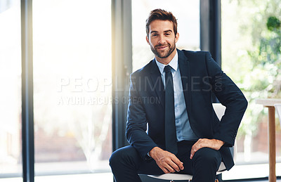Buy stock photo Businessman, pride and chair in office with portrait for ambition, success and career mindset. Corporate person, suit and power in workplace for vision, startup and company mission with happiness