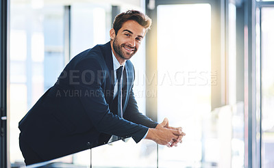 Buy stock photo Business man, portrait and relax by railing, company success and pride for achievement in workplace. Male person, employee and happy for career opportunity, confident and accountant for finance firm