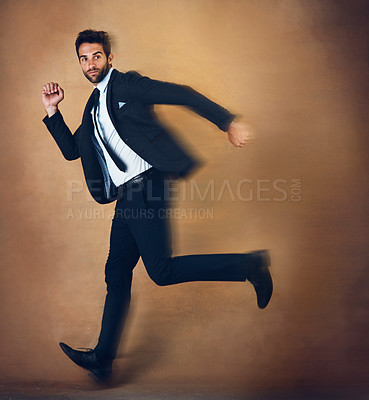 Buy stock photo Businessman and running with motion blur for goals, mission of promotion. Male entrepreneur or employee with hurry or rush to reach company target for work advancement with studio background