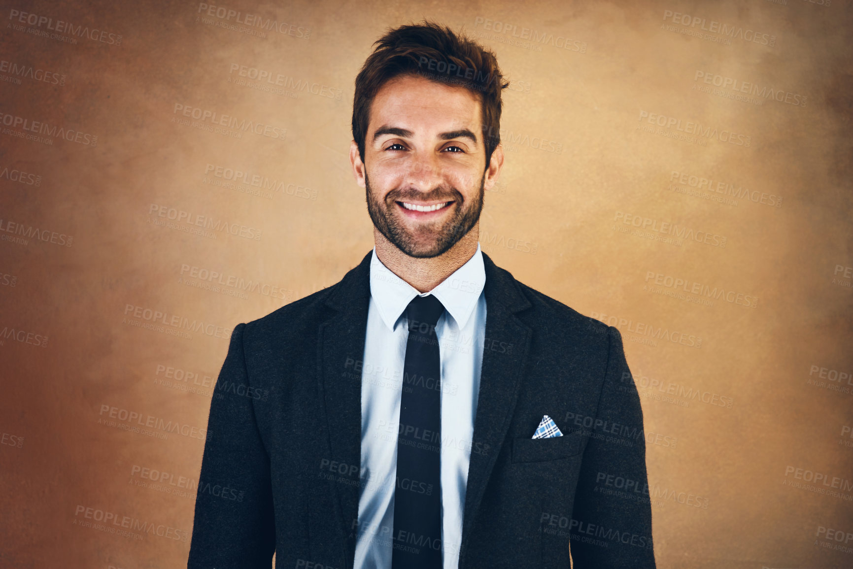 Buy stock photo Smile, portrait and man for corporate fashion with clothes, style and formal wear isolated on brown background. Happy, gentleman and businessman in trendy outfit, class and suit in studio backdrop
