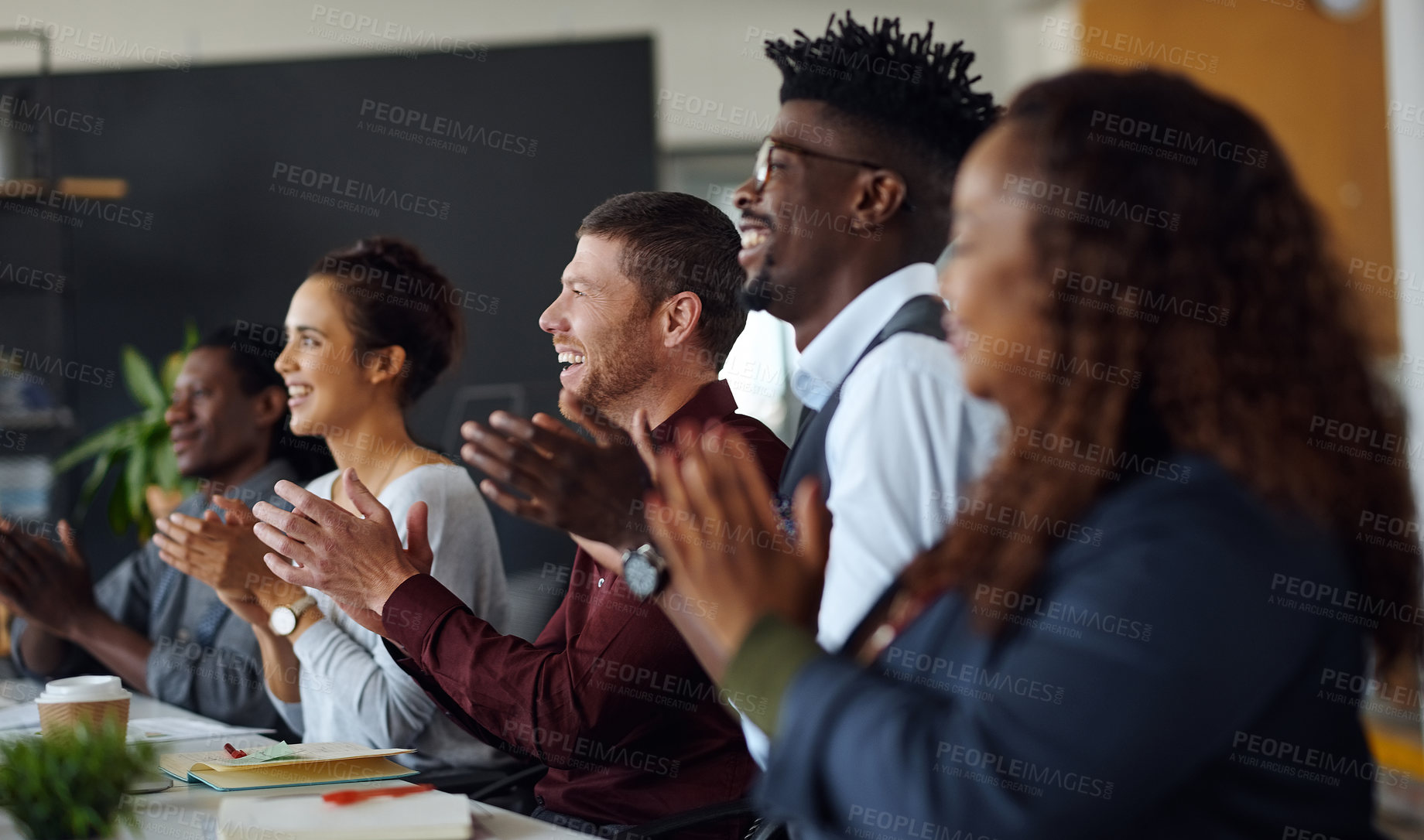 Buy stock photo Applause, meeting or people in agency for presentation, company rebranding or positive panel feedback. Happy team, startup launch or staff clapping for transformation success, pride or celebration