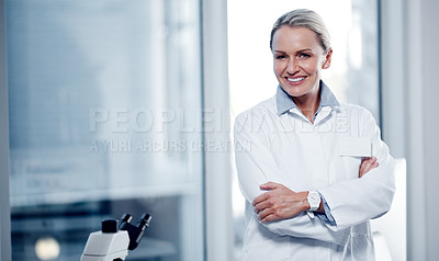 Buy stock photo Portrait of a mature scientist standing in a lab