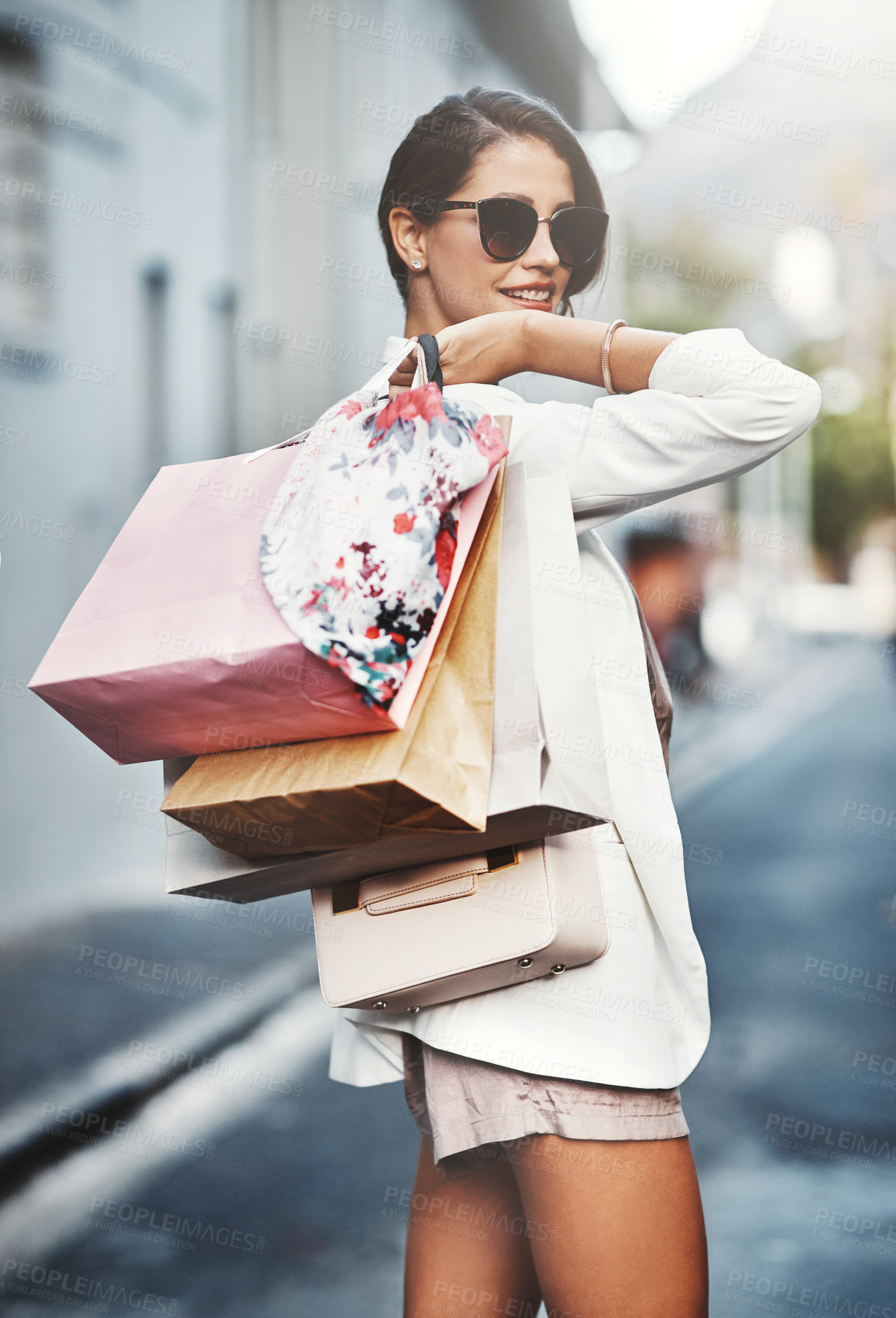 Buy stock photo Portrait, shopping bag or woman on street walking on urban street for boutique retail sale or clothes. Sunglasses, smile or fashionable rich girl customer on city road smiling with luxury products 