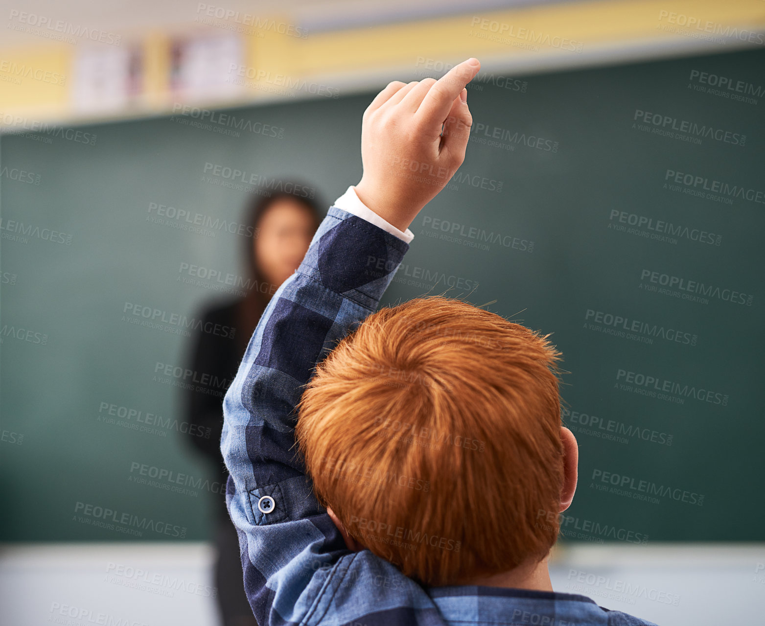 Buy stock photo Child, question and student in classroom with question for teacher, education and learning with school blackboard. Boy, raise arm and questions for knowledge, information and  development in class