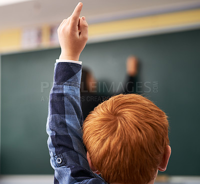 Buy stock photo Student, hand and child in classroom with question for teacher, education and learning with school blackboard. Boy, raise arm and questions for knowledge, information and  development in class