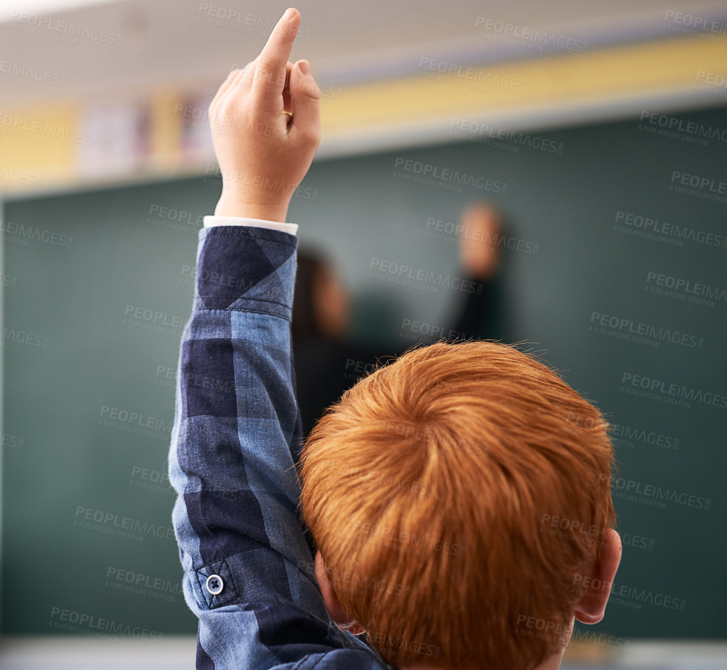 Buy stock photo Student, hand and child in classroom with question for teacher, education and learning with school blackboard. Boy, raise arm and questions for knowledge, information and  development in class