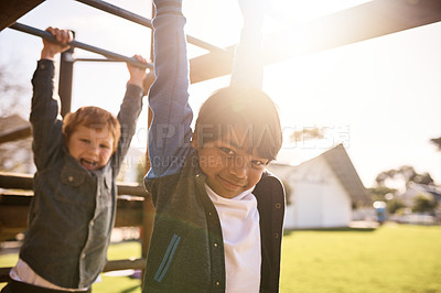 Buy stock photo Shot of young kids playing together outdoors