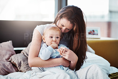 Buy stock photo Mother, baby and hug in bed with love or bedroom, peace in morning and newborn together, relax and calm mom in home. Postpartum, boy and quality time with mama to enjoy, support or care for child