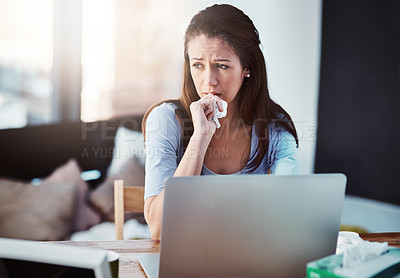 Buy stock photo Home, woman and sad with laptop for deadline, overtime and target in remote work. Female person, freelancer and thinking or sick with emotions, fatigue and exhausted from research and stress