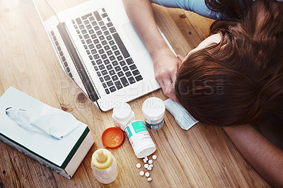 Buy stock photo Sleeping, sick and woman with laptop and pills, flu and burnout in the workplace, medicine and tired. Female person, employee and illness with technology, medication and sleeping with telehealth
