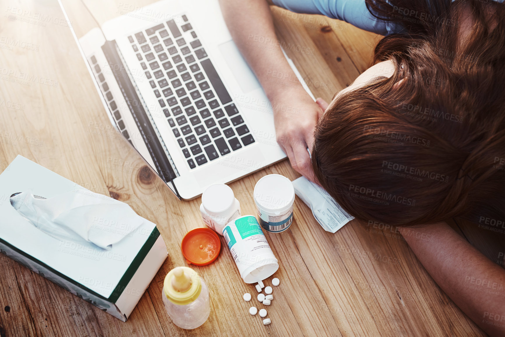 Buy stock photo Sleeping, sick and woman with laptop and pills, flu and burnout in the workplace, medicine and tired. Female person, employee and illness with technology, medication and sleeping with telehealth
