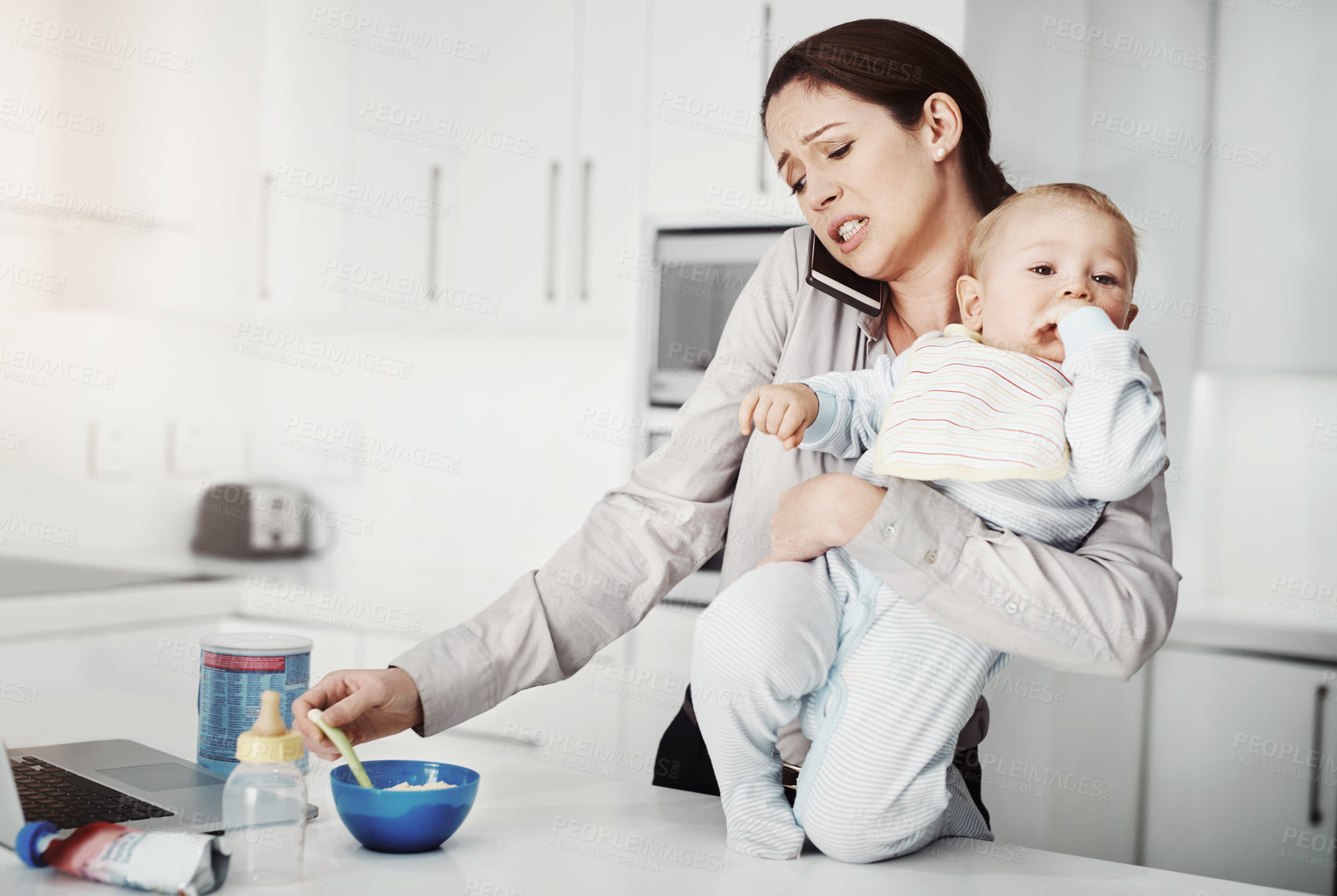 Buy stock photo Frustrated, baby and mother busy multitasking in home with phone, food and work or childcare, stress and pressure. Mom, newborn boy and overwhelmed with no support, partner or working single parent 