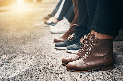 Buy stock photo People, feet or shoes and row outdoor for waiting in line for audition or appointment, security check and event entrance. Men, women and city street in New York for public transportation and voting.