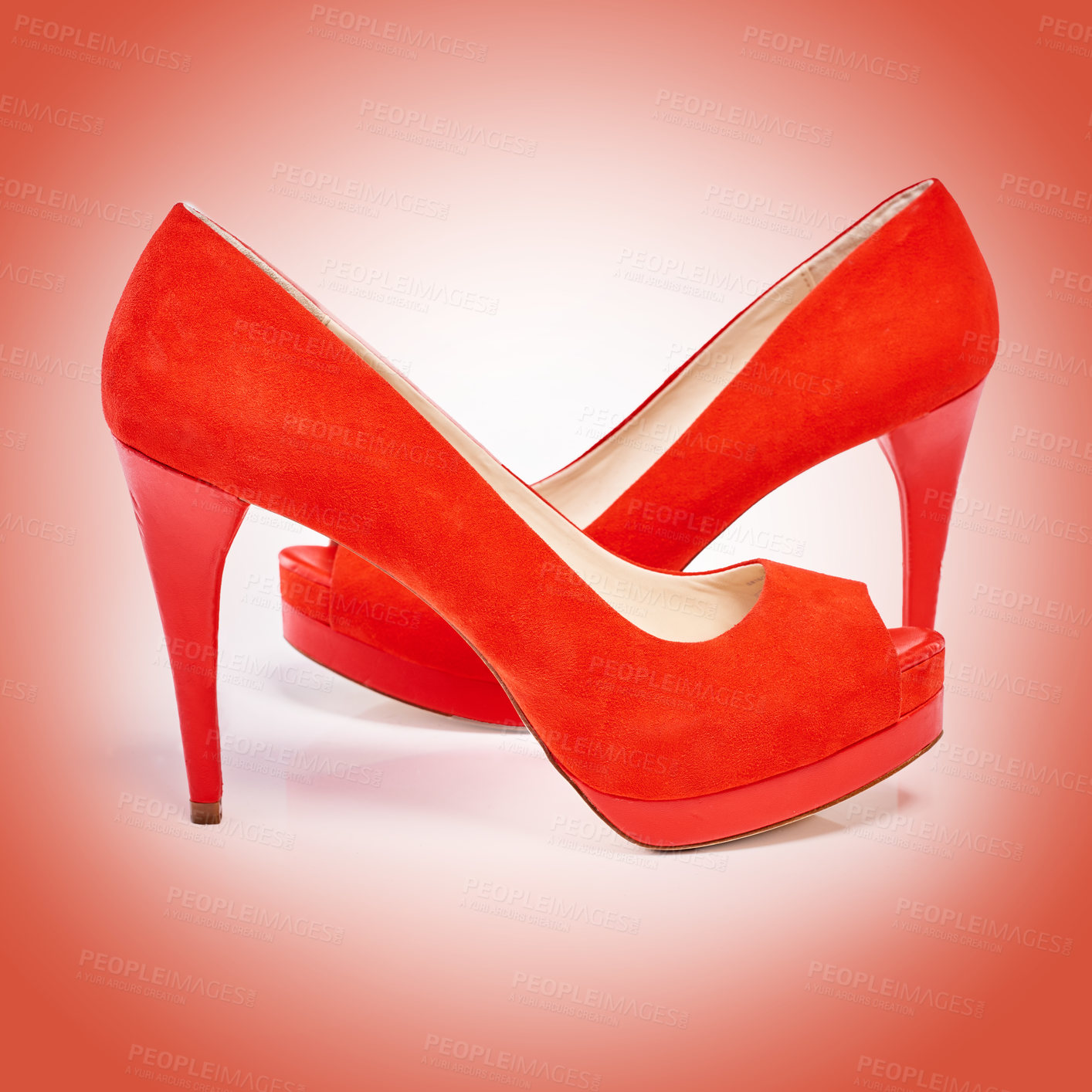 Buy stock photo High heels, fashion and women shoes in studio for luxury, designer and retail sale or discount. Elegance, stylish and female footwear with fancy or formal accessory isolated by red background.